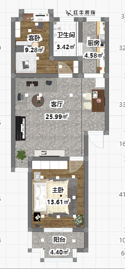 魏明花_一品嘉園2-305-76㎡-簡(jiǎn)約風(fēng)格_2室1廳1衛(wèi)_成品家￥117416→00彩平圖